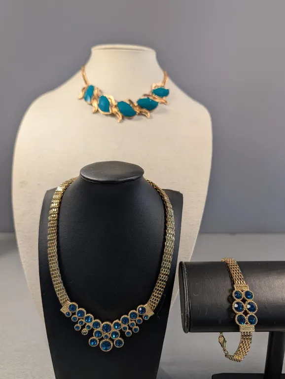 Gold Tone Necklace and Bracelet Set with Blue Rhinestones and Teal Necklace
