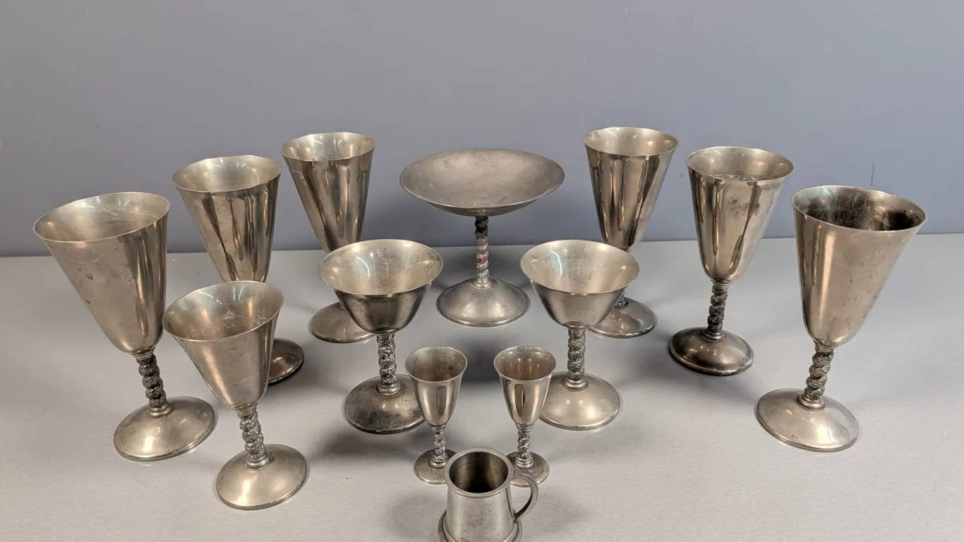 Collection of Thirteen Pewter Goblets, Cups, and Dish