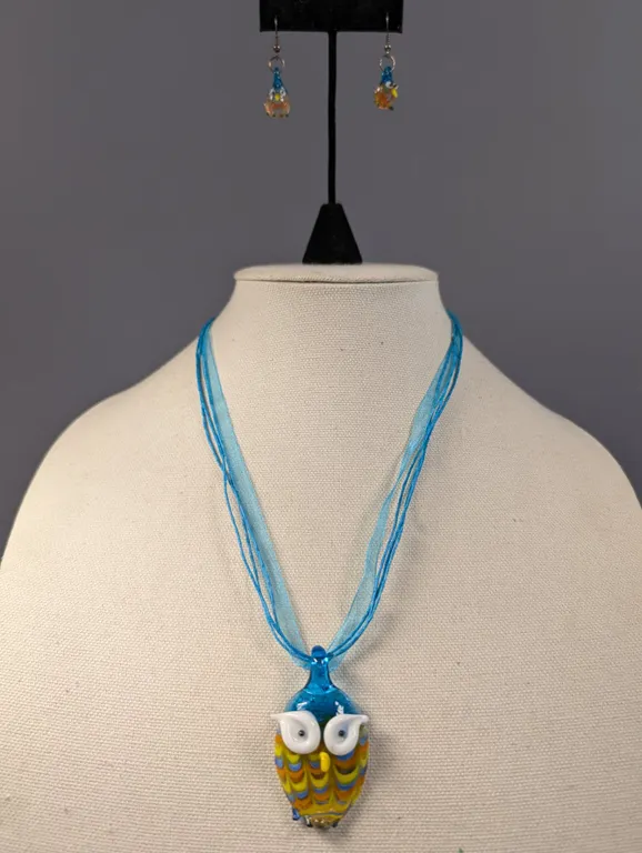 Glass Owl Pendant Necklace and Earrings Set