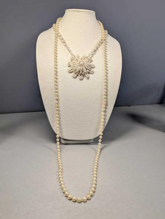 Two Faux Pearl Necklaces with Beaded Brooch Pendant