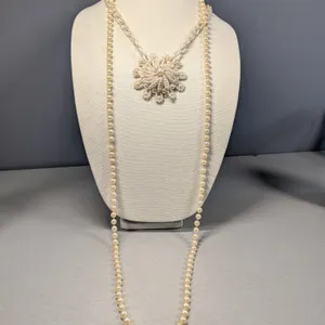 Two Faux Pearl Necklaces with Beaded Brooch Pendant