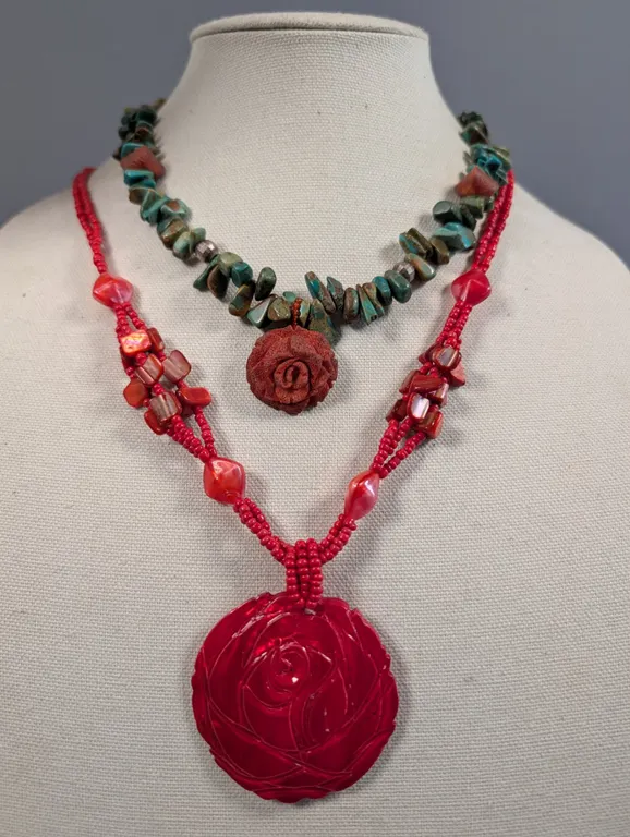Two Necklaces: Red Rose Pendant and Turquoise Chip