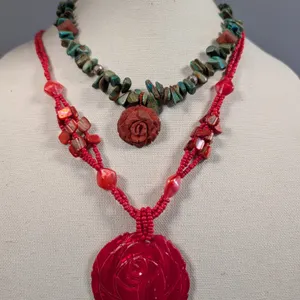 Two Necklaces: Red Rose Pendant and Turquoise Chip