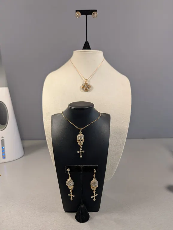 2 Gold-Tone clear stone Pendant Necklace and Stud Earrings Set
