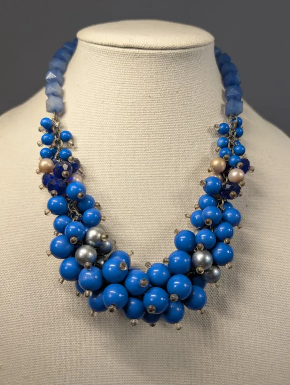 Multi-Strand Blue Beaded Cluster Necklace