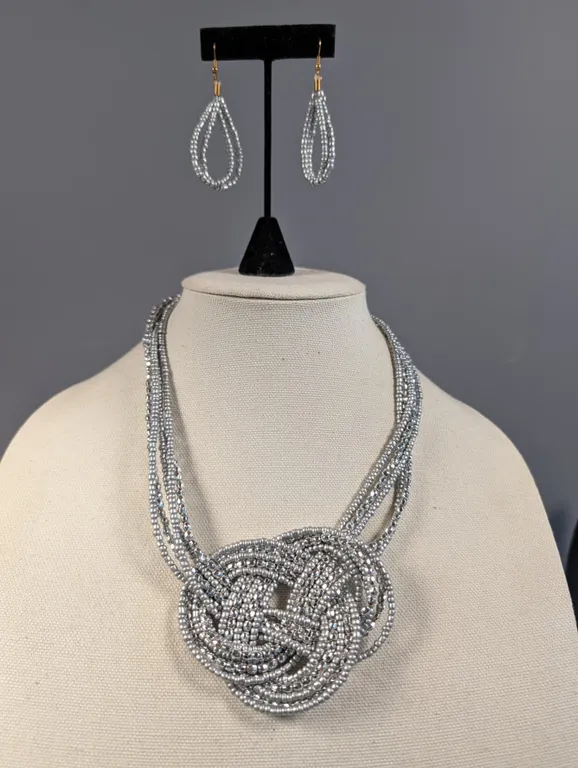 Silver Tone Beaded Necklace and Earring Set