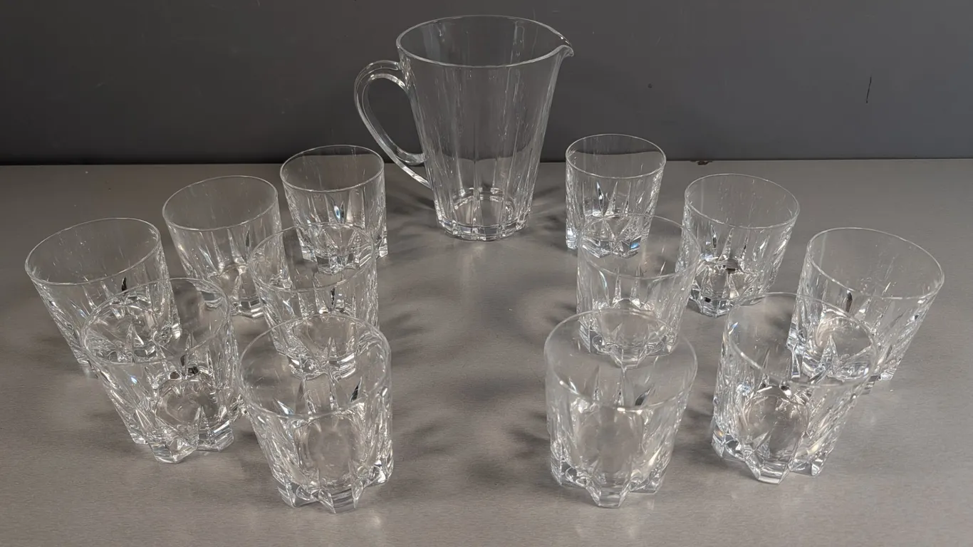 Clear Cut Glass Pitcher and 12 Tumblers