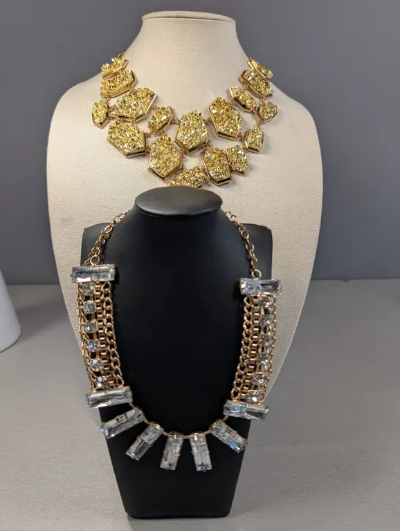 Two Fashion Necklaces: Gold-tone Glitter and Clear Stone Multi-Chain