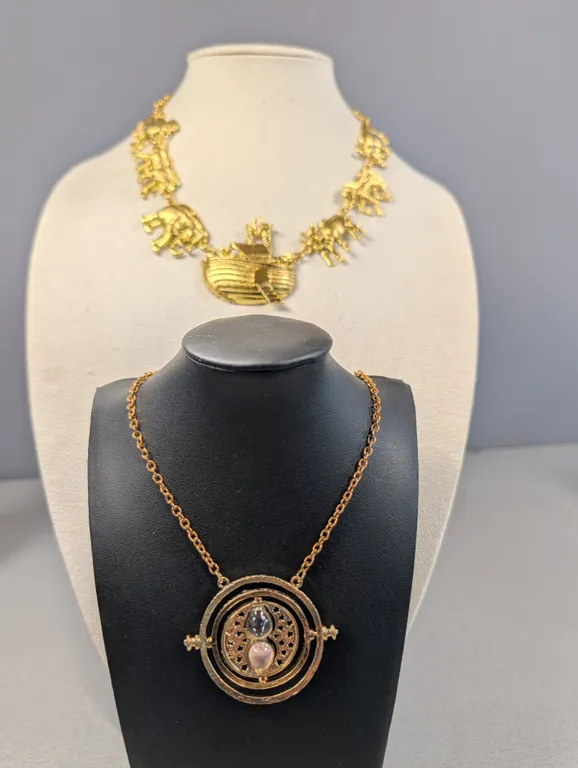 Gold Tone Noah's Ark Animal Statement Necklace and hourglass necklace