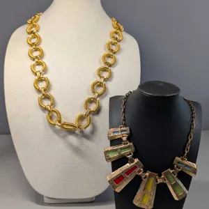 Two Statement Necklaces: Gold-Tone Chain and Multi-Color acrylic