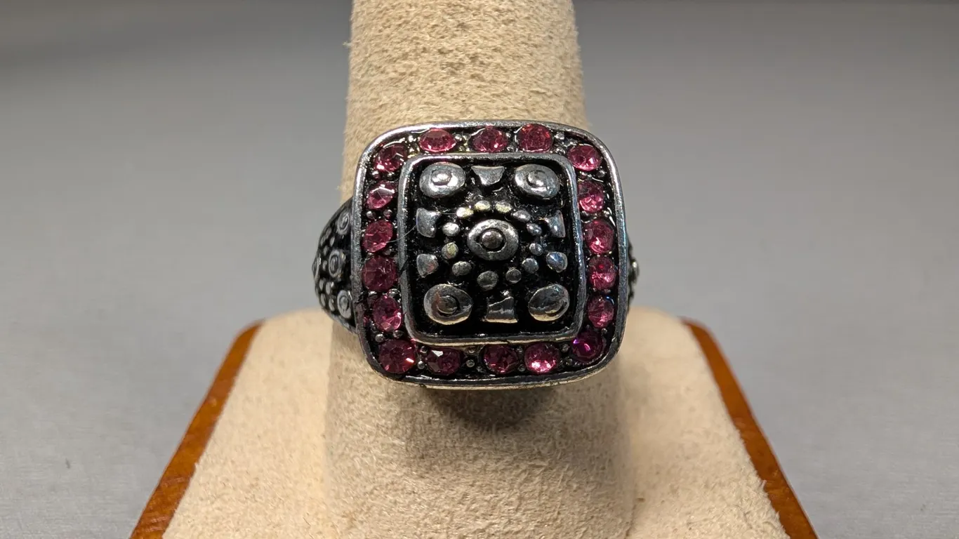Silver Tone Ring with Red Rhinestones
