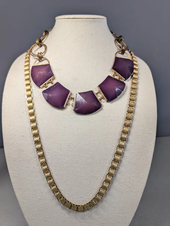 Gold Tone and Purple Statement Necklace Set