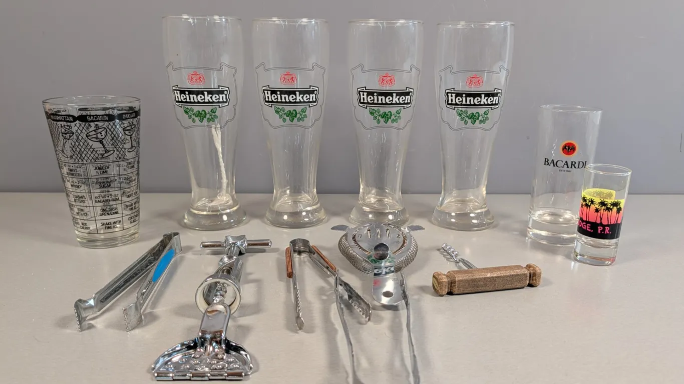 Assorted Barware and Glasses with Irvinware Corkscrew