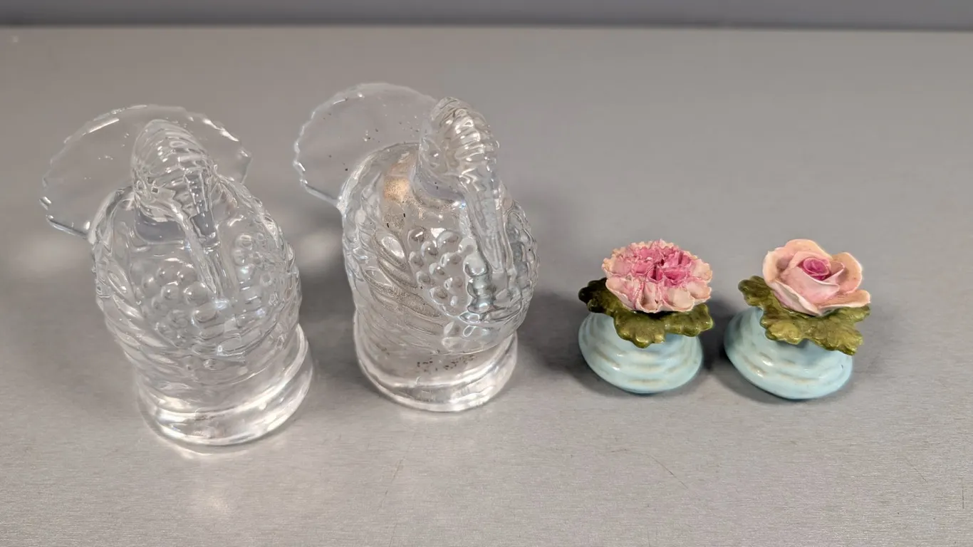 Clear Glass Turkey Salt and Pepper Shakers with Aynsley Ceramic Floral Salt and Pepper Shakers