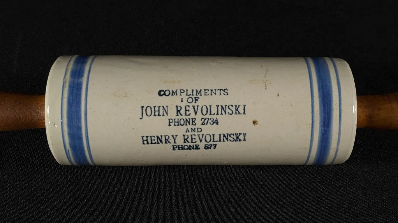 BLUE BANDED STONEWARE ADVERTISING ROLLING PIN JOHN & HENRY REVOLINSKI (MANITOWOC WISCONSIN)