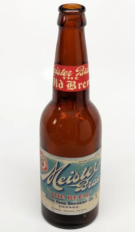 IRTP 12 OZ PAPER LABEL BOTTLE MEISTER BRAU "THE BEER" PETYER HAND BREWERY CHICAGO ILLINOIS