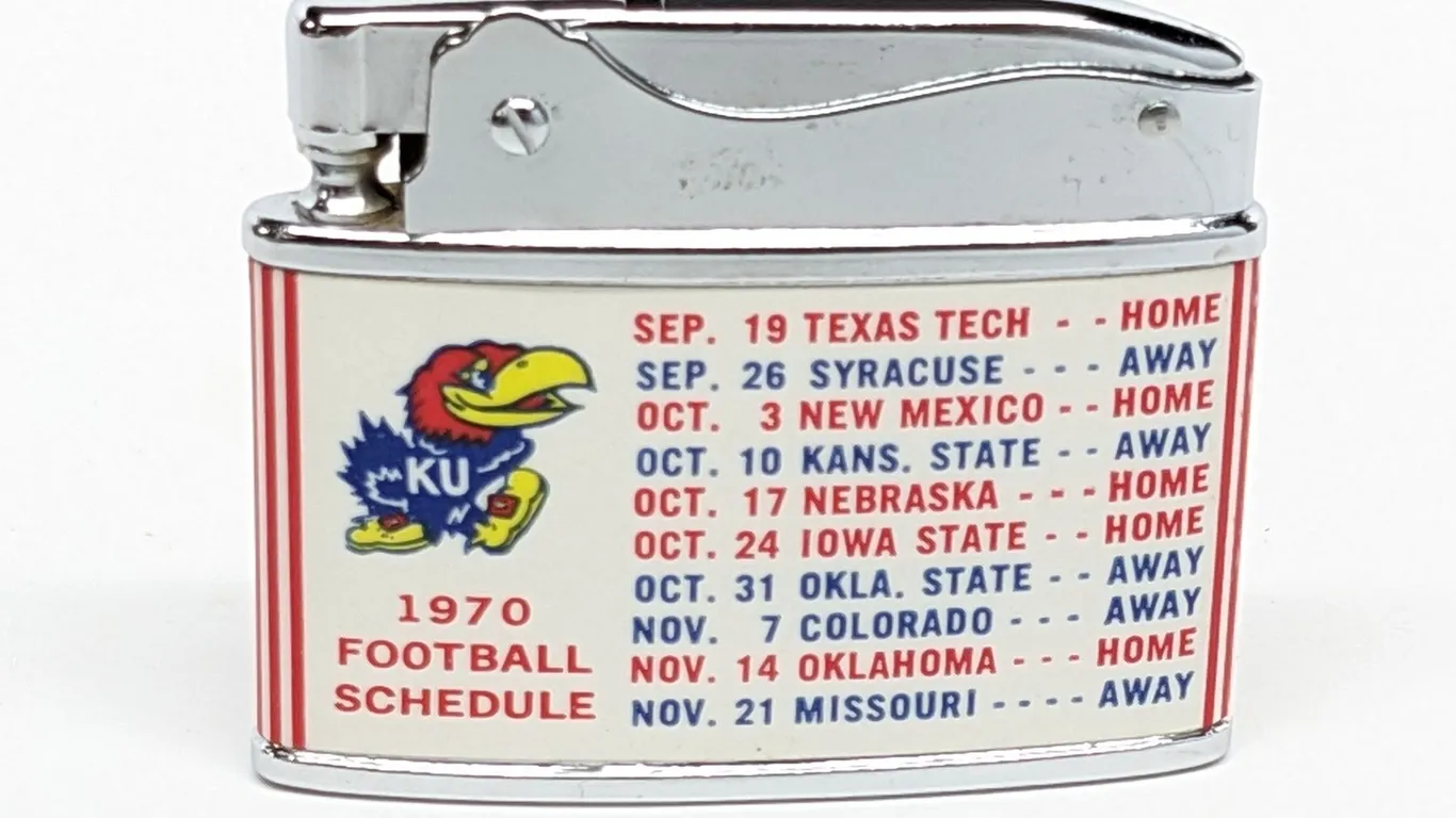KANSAS UNIVERSITY KU JAYHAWKS 1970 FOOTBALL SCHEDULE CIGARETTE LIGHTER