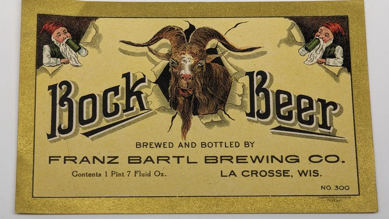 PRE PROHIBITION 1 PINT 7 OZ BOTTLE LABEL FRANZ BARTL BREWING BOCK BEER LA CROSSE WISCONSIN