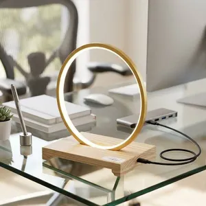 Round LED Ring Lamp on Wooden Base USB Powered