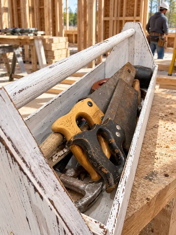 Wooden Tool Tote With Mixed Vintage Tools
