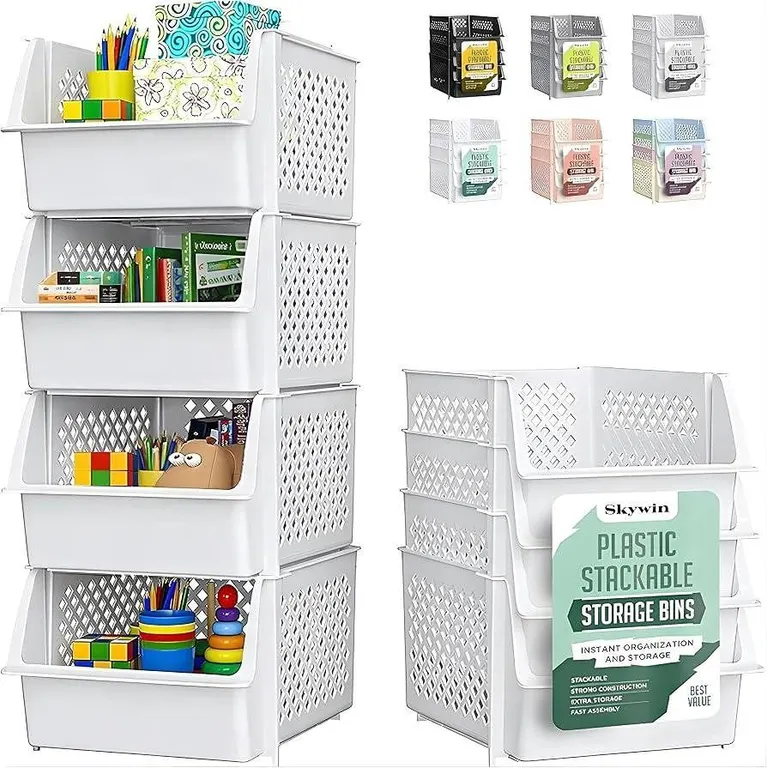 4 White Plastic Stackable Storage Bins