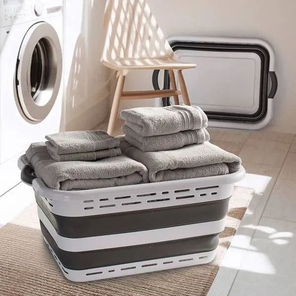 Collapsible Plastic Laundry Basket, White/Grey
