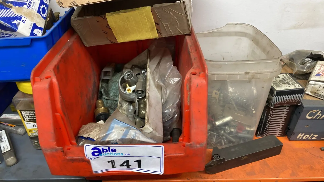 CONTENTS OF TOP OF SHELF. TOOL INSERTS, FITTINGS, MILLING TOOLS, BOLTS, ETC AS IN PHOTOS