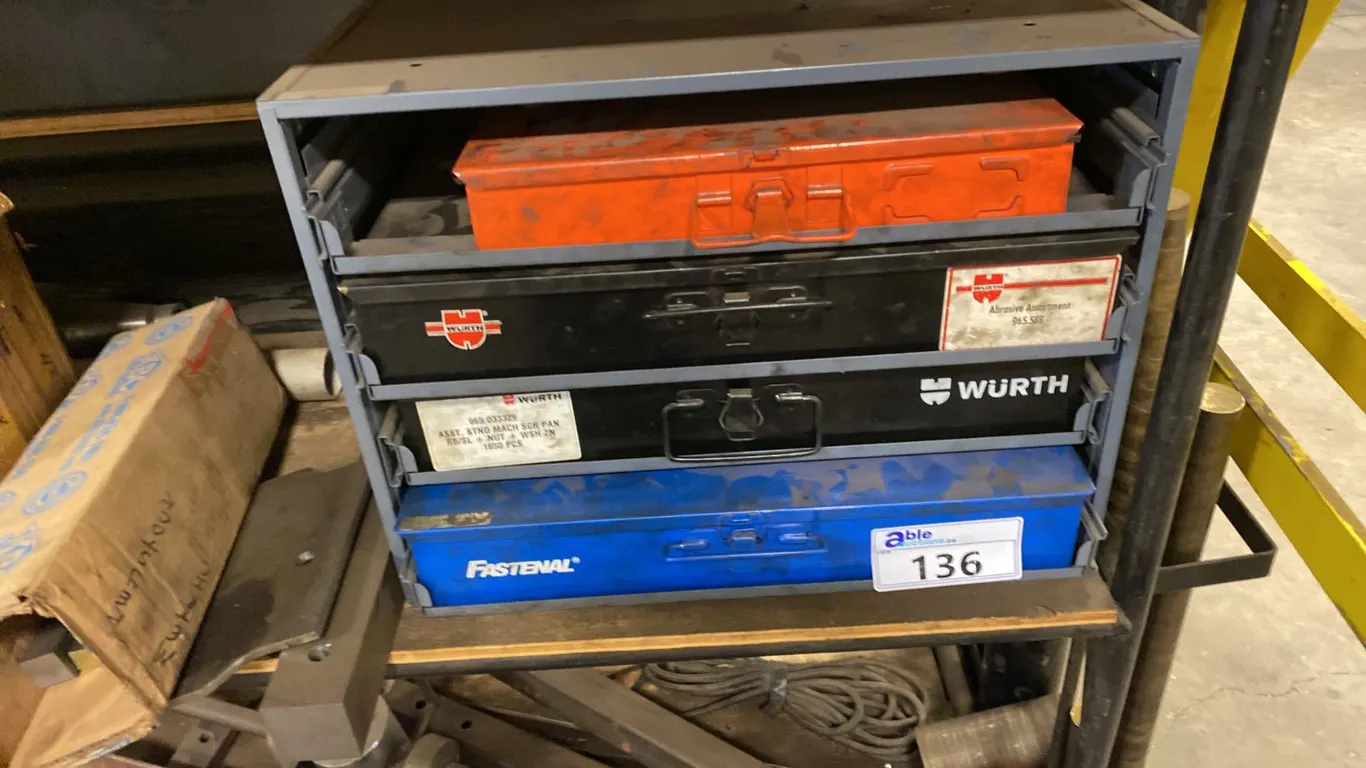 4 TRAYS OF FASTENERS AS IN PHOTOS. FASTENAL CAP SCREWS. WURTH MACHINE SCREWS, NUTS, WASHERS,