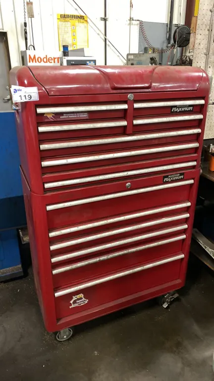 MASTERCRAFT MAXIMUM TOOL CABINET ON WHEELS. INC SOME CONTENTS AS SHOWN IN PHOTOS BUT NOT ALL.
