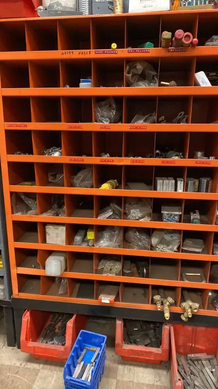 STORAGE CABINET COMPLETE WITH CONTENTS. INC BROACHES, PIPE FITTINGS, TOOL INSERTS, BEARINGS,