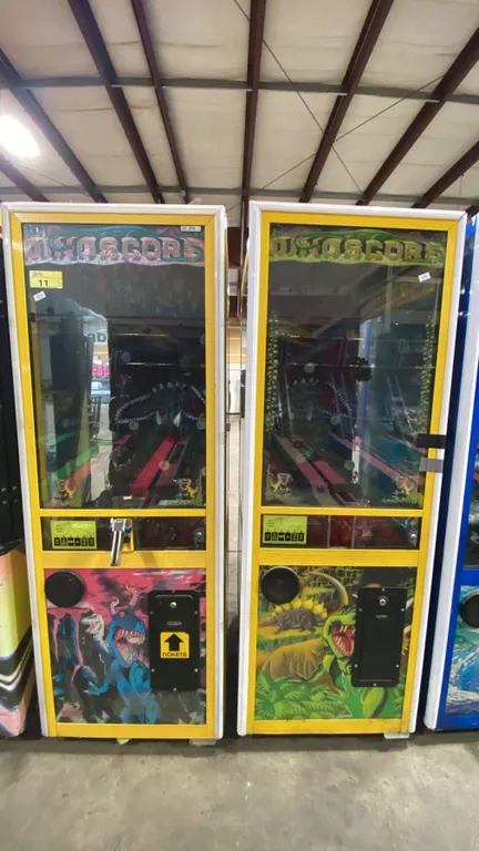 2 DINOSCORE TRIGGER STYLE COMMERCIAL COIN OPERATED ARCADE TOKEN REDEMPTION MACHINES *ONE IS PARTS