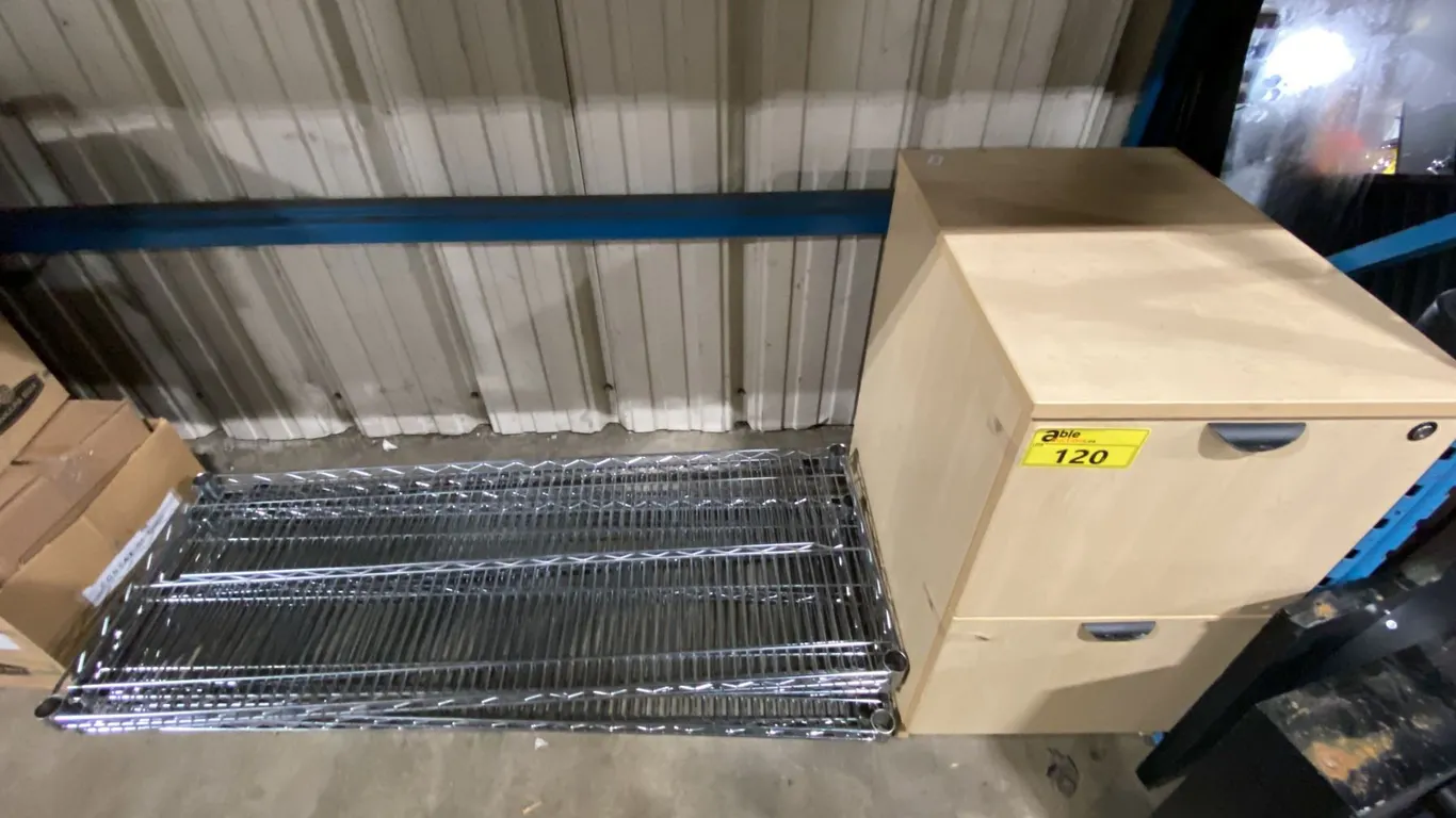 MAPLE 2 DRAWER PEDESTAL & STACK OF METRO RACKING SHELVES