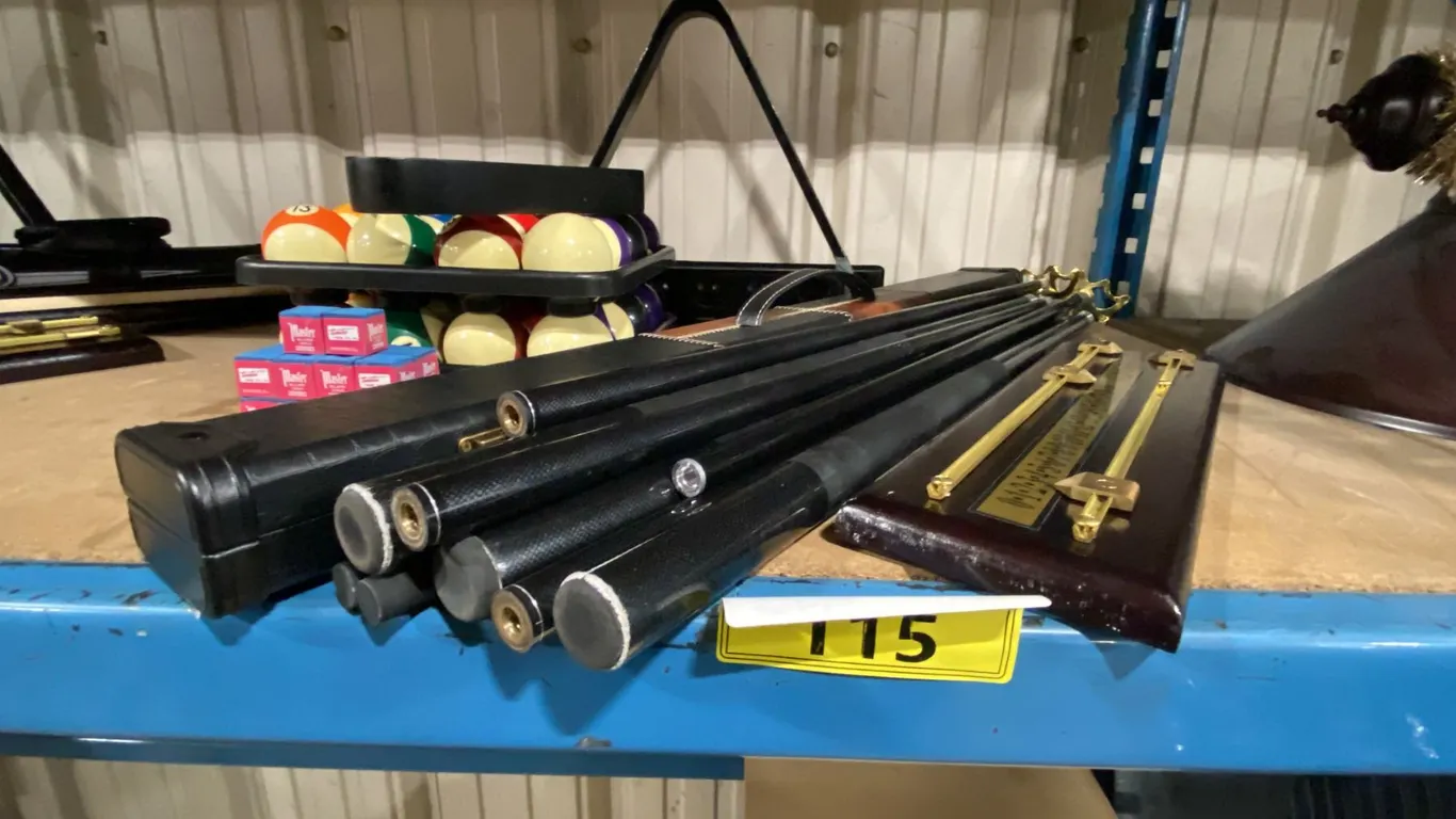 2 SETS OF BILLIARDS BALLS, ASSORTED CUES, SCOREBOARD, CUE CASE, TRIANGLE & WALL MOUNT CUE HOLDER