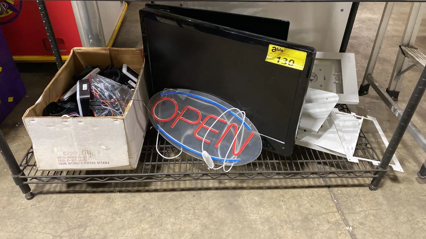BOX OF SECURITY CAMERAS, HAIER TELEVISION, ACER COMPUTER MONITOR, OPEN SIGN & 2 METAL TABLET CASES