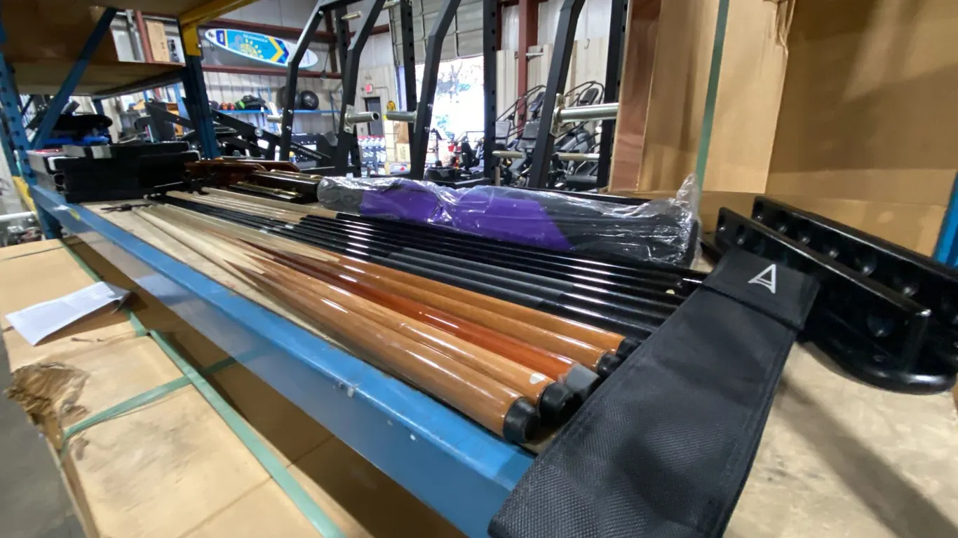 SHELF OF ASSORTED BILLIARDS EQUIPMENT- CUES, WALL MOUNT CUE RACKS, SCOREBOARDS, BALLS & ACCESSORIES