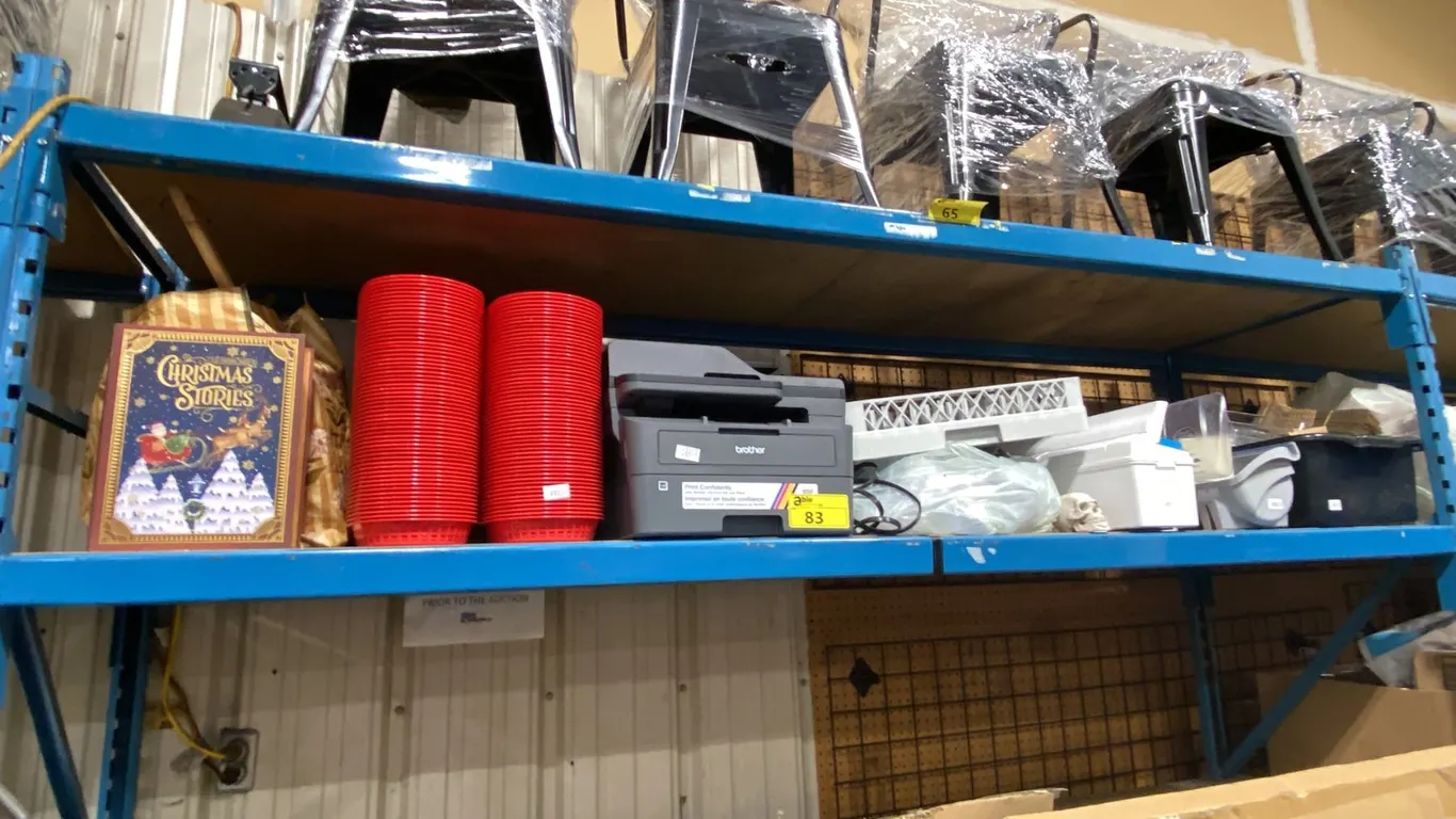 SHELF OF ASSORTED RESTAURANT ITEMS, TRAYS, & PRINTER