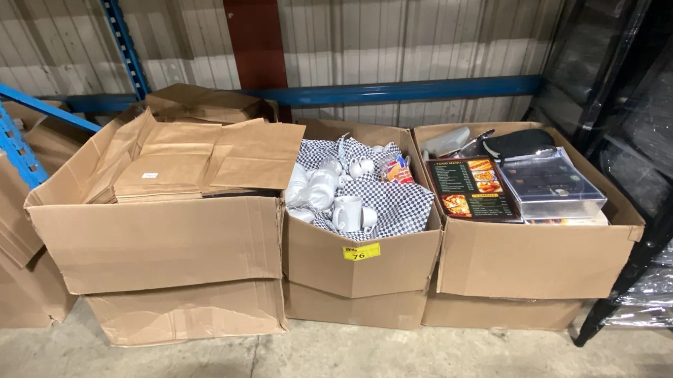 3 LARGE BOXES OF ASSORTED RESTAURANT DISHWARE, TAKE-OUT BAGS, & UTENSILS