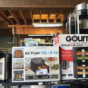 SHELF OF KITCHEN ITEMS INCLUDING: CHEFMAN AIR FRYER, GOURMIA 4-DISH DUAL BASKET AIR FRYER, NESPRESSO