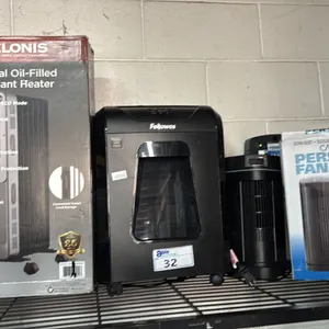 PELONIS OIL-FILLED HEATER, FELLOWES PAPER SHREDDER, CASCADE PERSONAL FAN  2 PACK & MORE