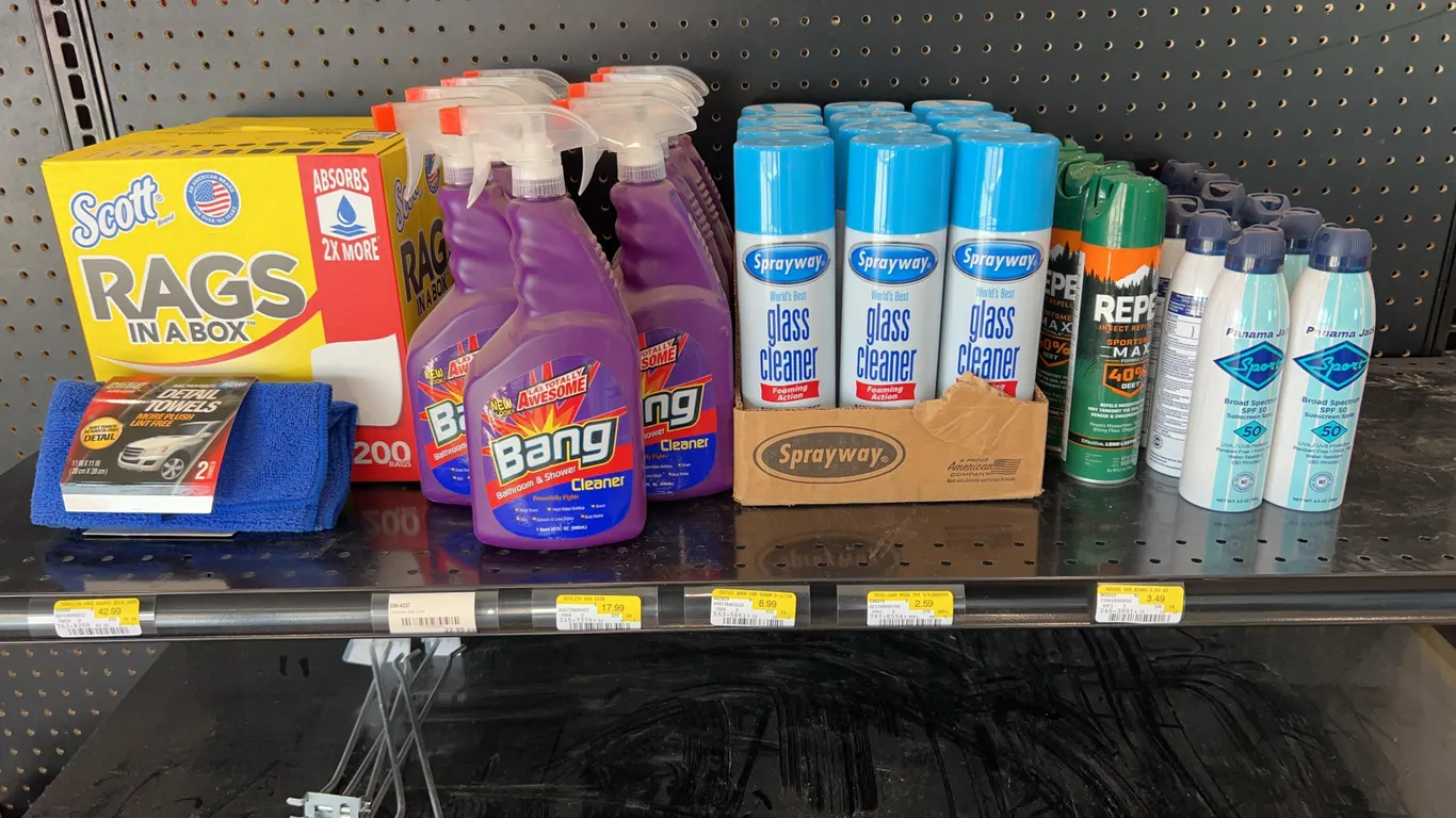 Assortment of Cleaning Supplies, Insect Spray, and Sunblock
