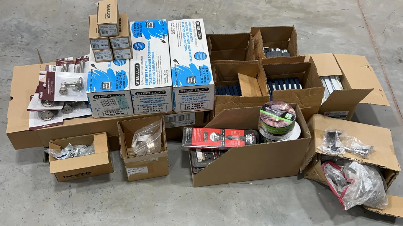 Assortment of Finishing Hardware, Joint Covers, Painters Plastic, and 3M Filters