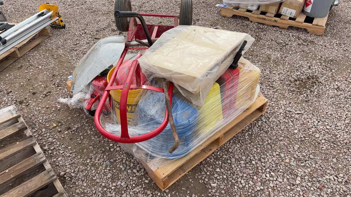 Assortment of Fuel Cans and a Dolly