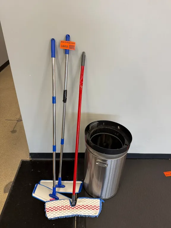 (3) Floor Mops and Garbage Can