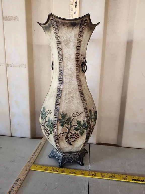 Tuscan Style Decorative Metal Floor Vase W/Grape Design, Cast Base 24" Tall