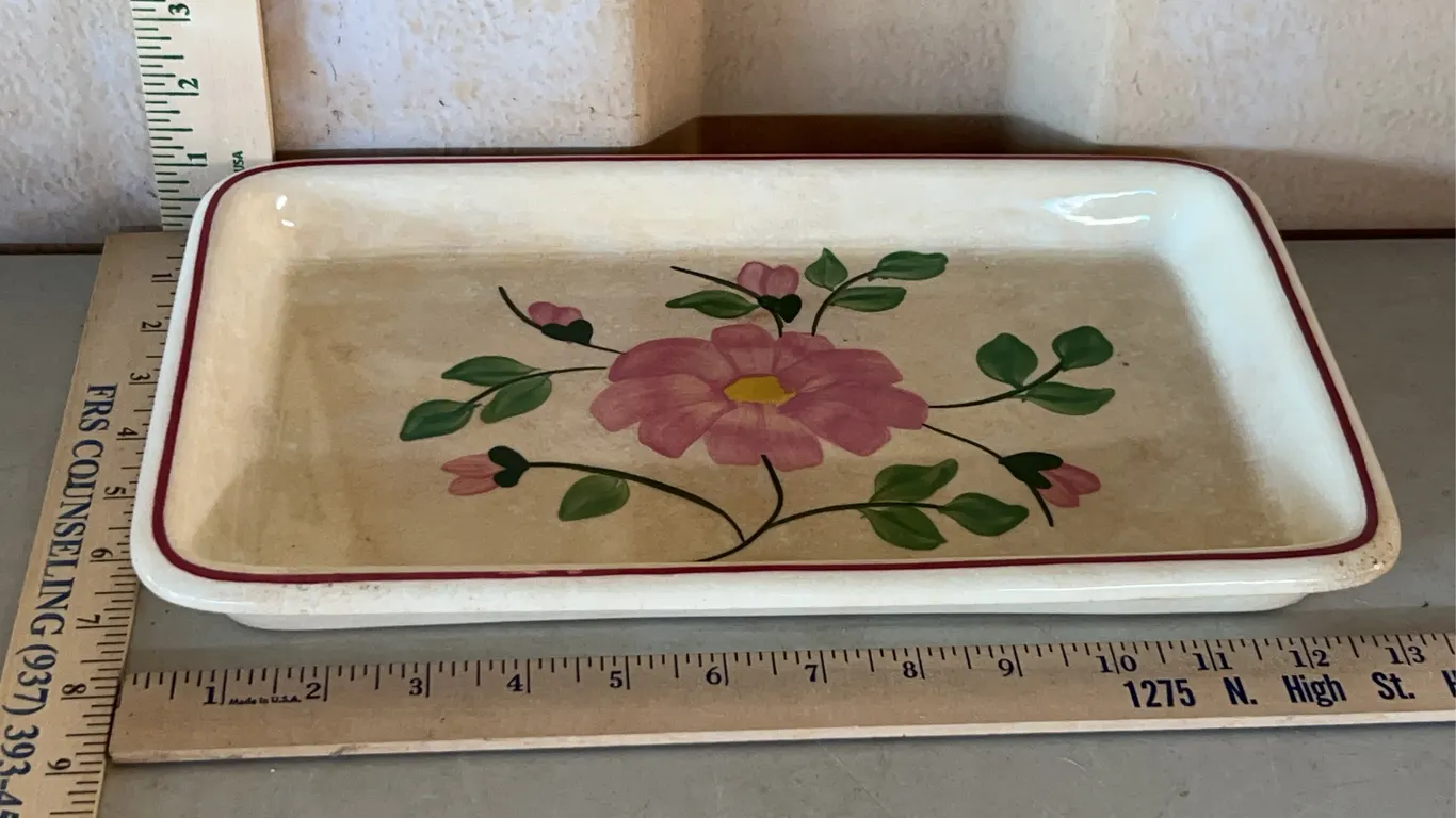 Vintage Underglaze Hand Painted U.S.A. Flower Pottery Dish 13"X8.5"