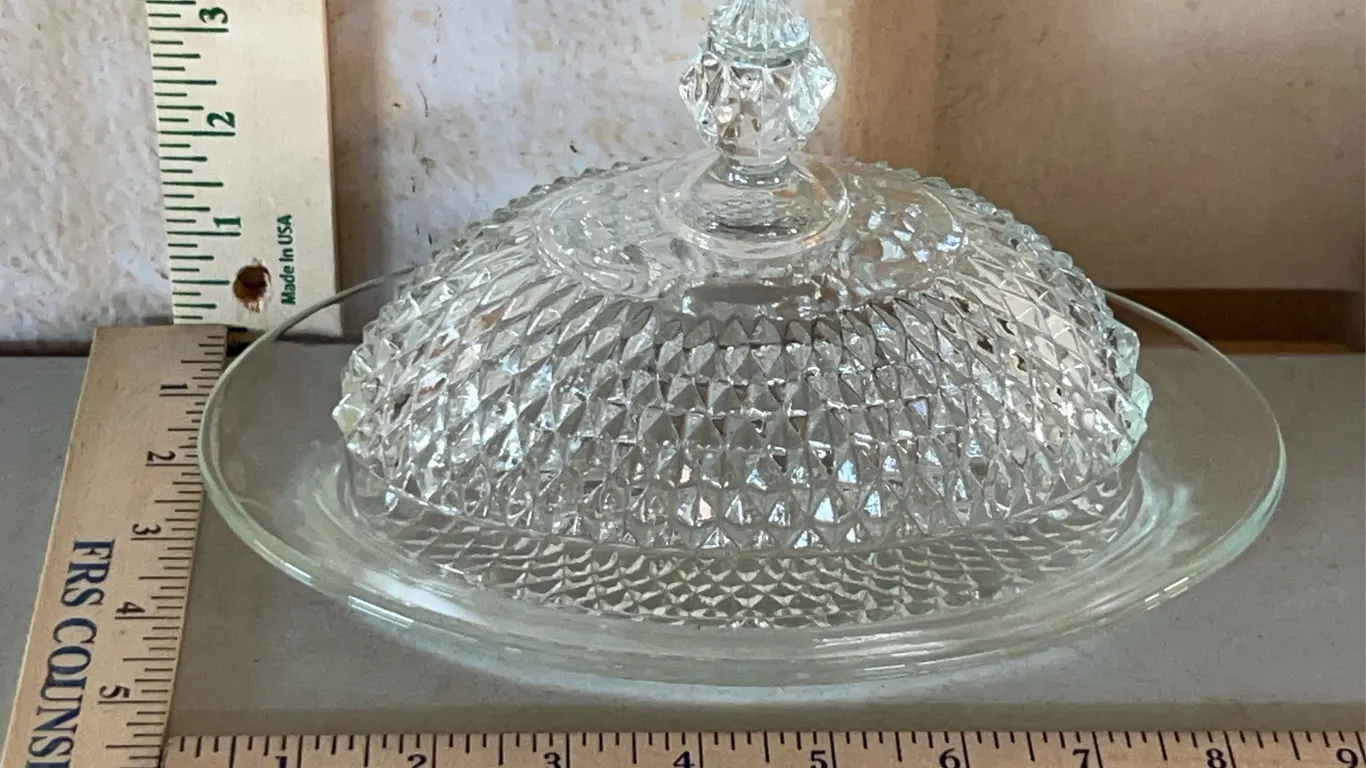 Vintage Indiana Glass Diamond Point Covered Butter Dish 8.75"X6"X5"
