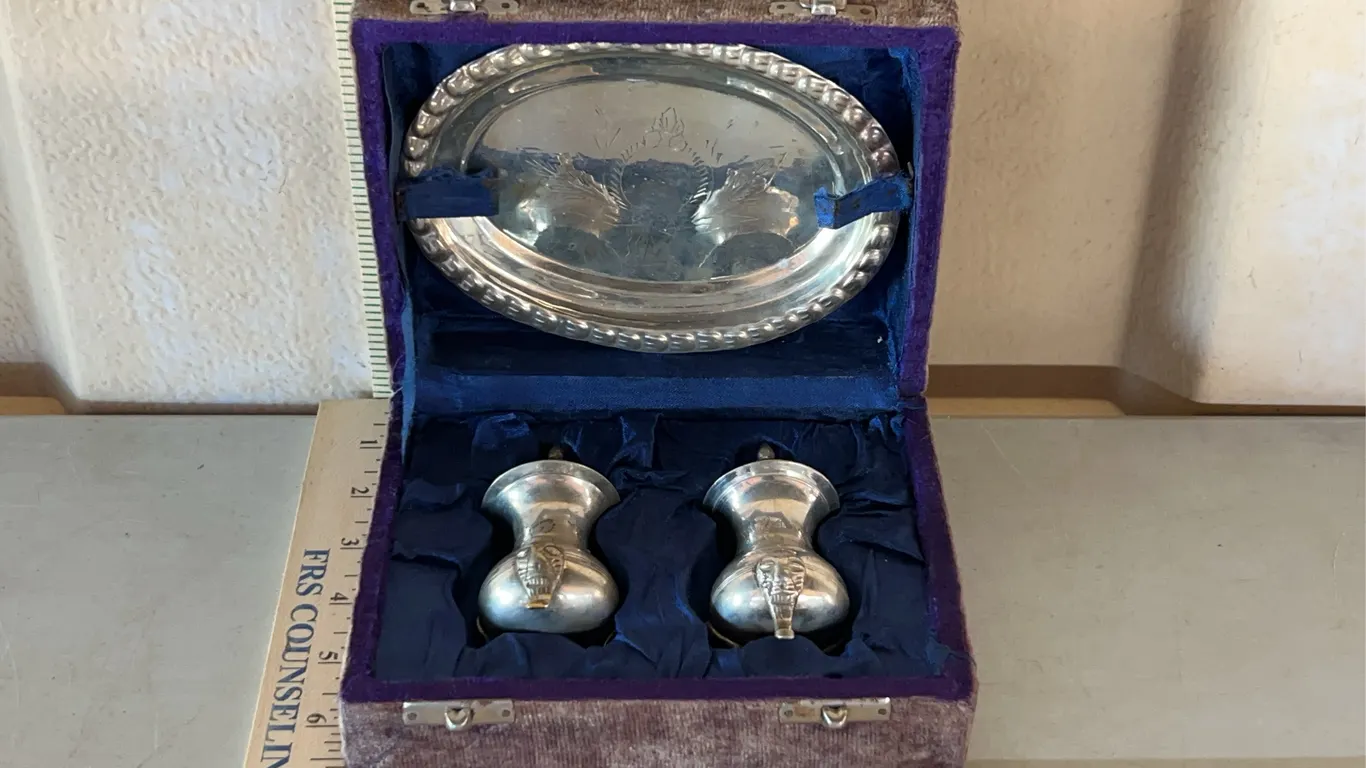 Vintage Silver Plated Salt/Pepper W/Oval Tray & Storage Box