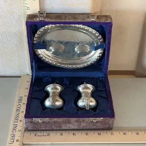 Vintage Silver Plated Salt/Pepper W/Oval Tray & Storage Box