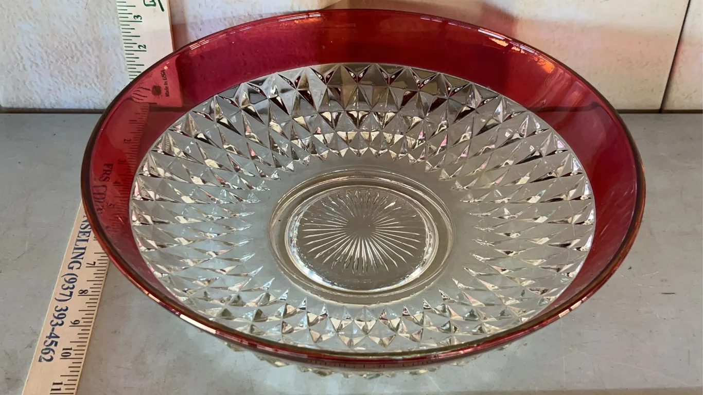 Vintage Indiana Glass Diamond Point Ruby Flash Serving Bowl 13.5"X3.5"
