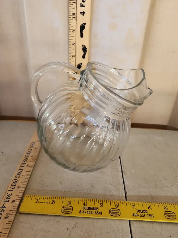 Vintage Ribbed Clear Glass Pitcher, Pressed Glass 7.5" Tall